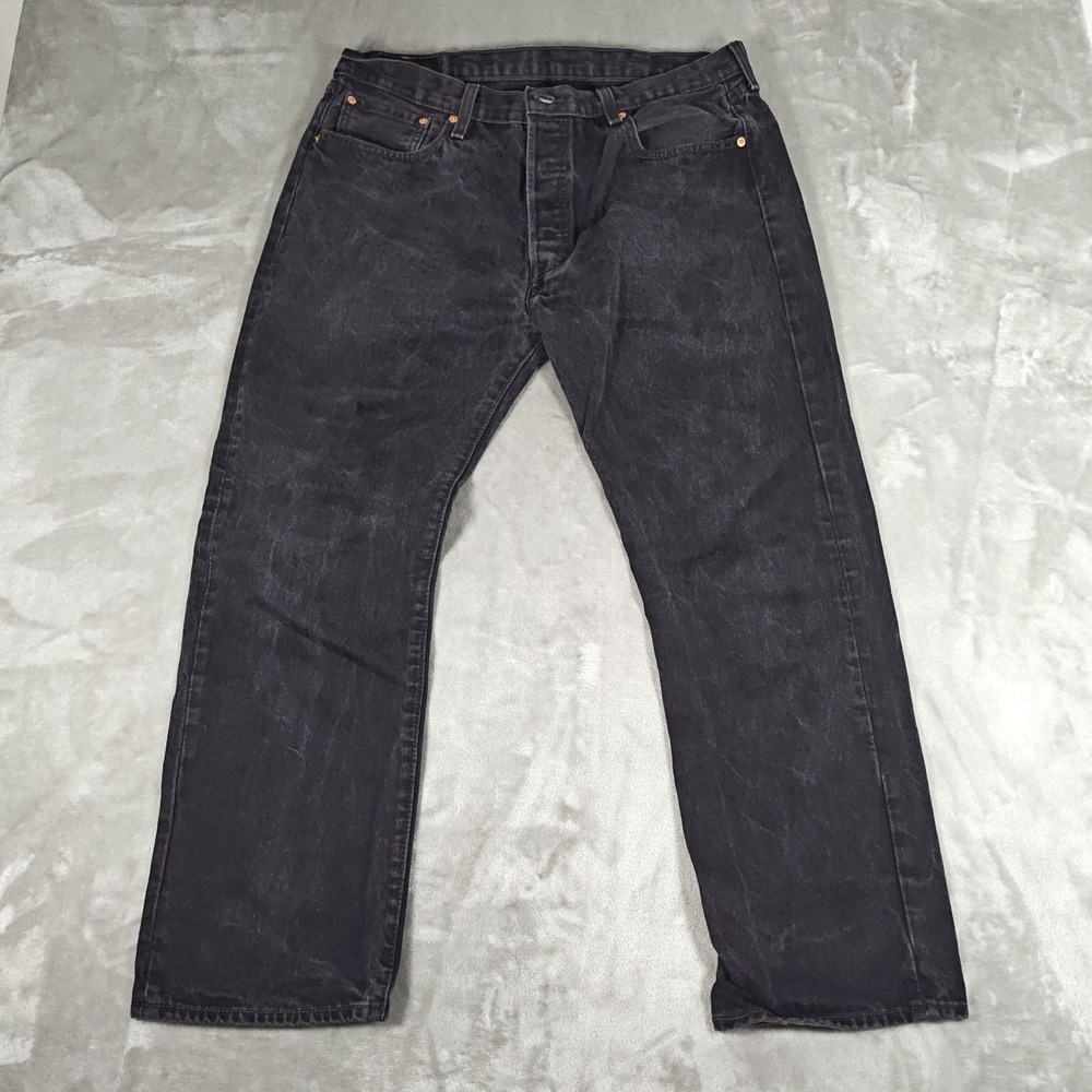 Levis 501 Jeans Men 36x28 Black Button Fly Straight Grunge Skater Faded